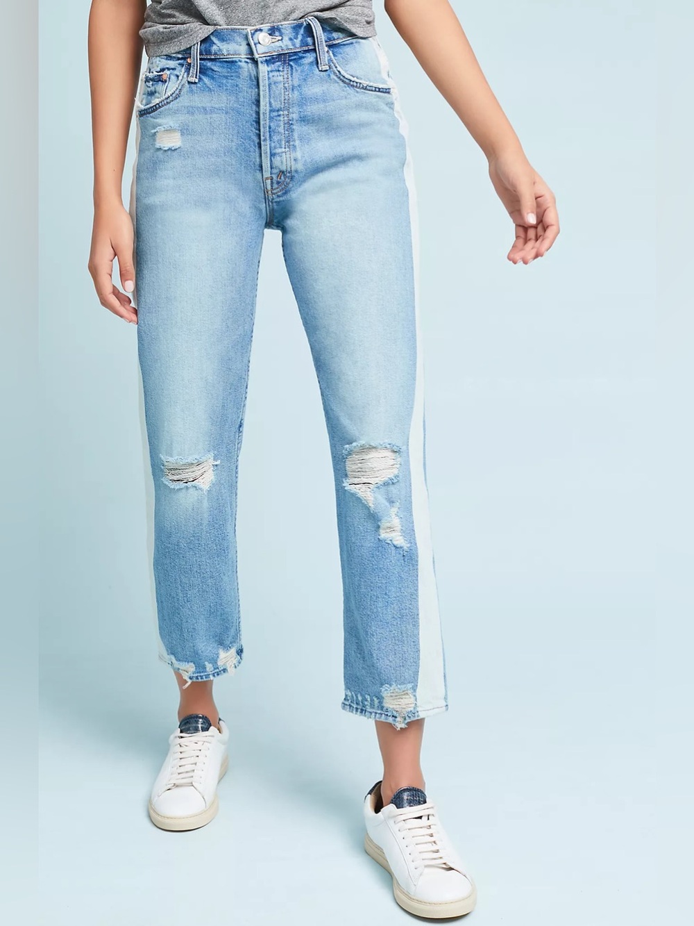 Mother Jeans 28 Trasher Cropped Straight Distressed Button Fly Striped Blue